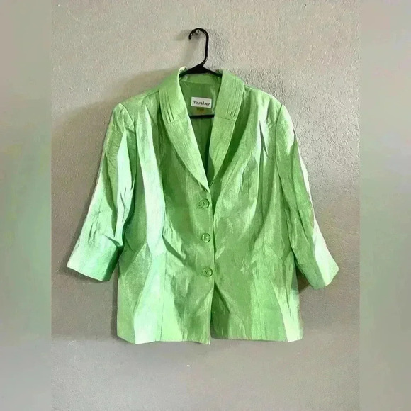 TanJay Jackets & Blazers - Tan Jay Jacket Lime Green Metallic Collared 3/4 Sleeve Buttons Lined Size 14